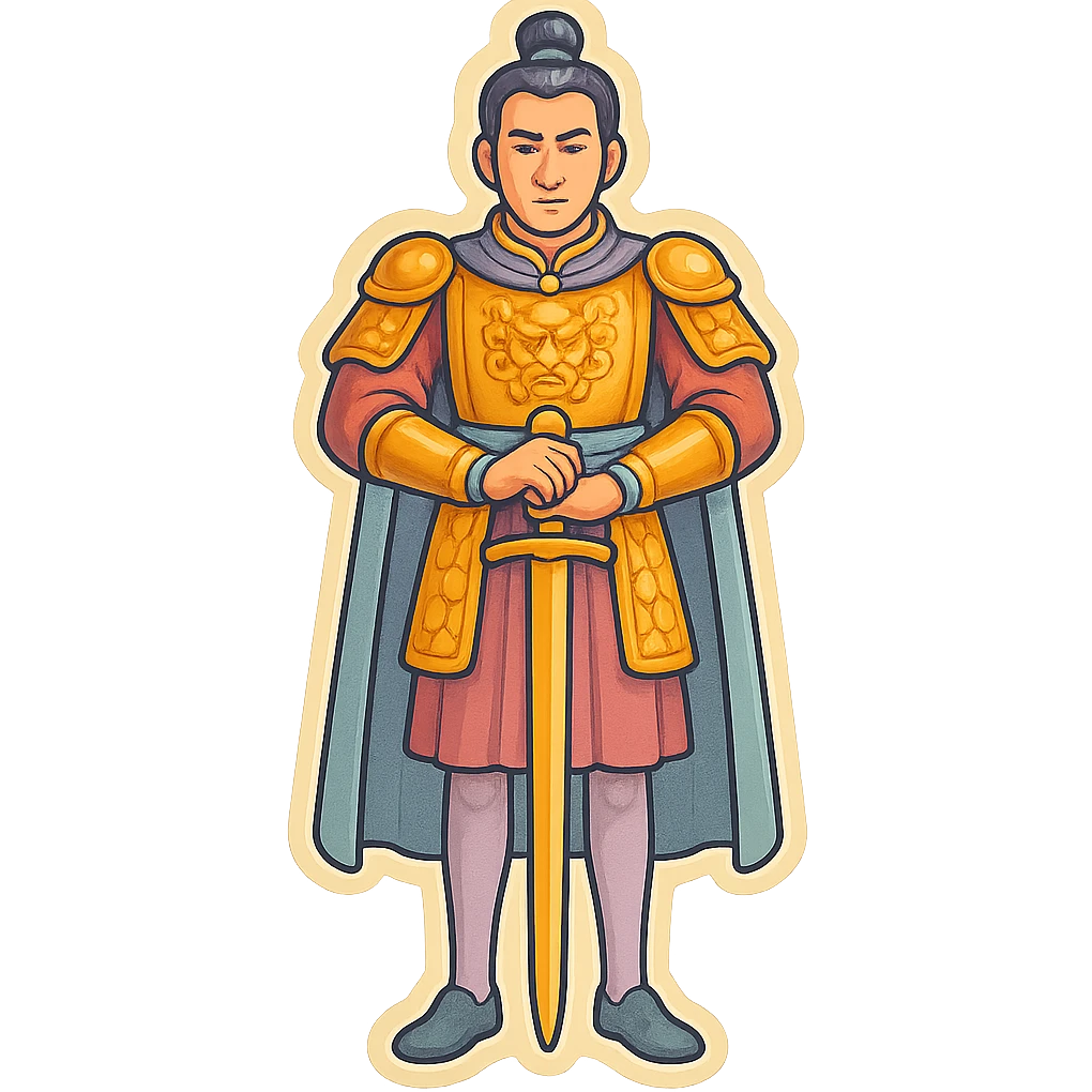 Full-length front view of a general with elongated legs, face matching the reference image, in retro sticker style. High detail with pronounced shadows and highlights, clean lines, soft rounded shapes, pastel palette including #98B5BC, #B5B3C1, #C9A3C9, #E4C0CA, #F7DCD1, #F7C0AA, transparent background. emoji