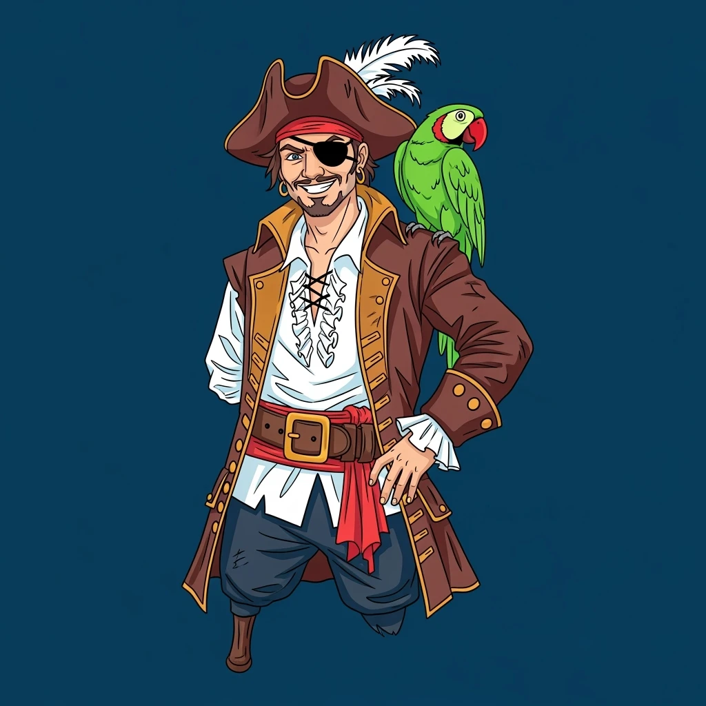 color vector art with thin outline of pirate with eye patch and parrot on shoulder  emoji