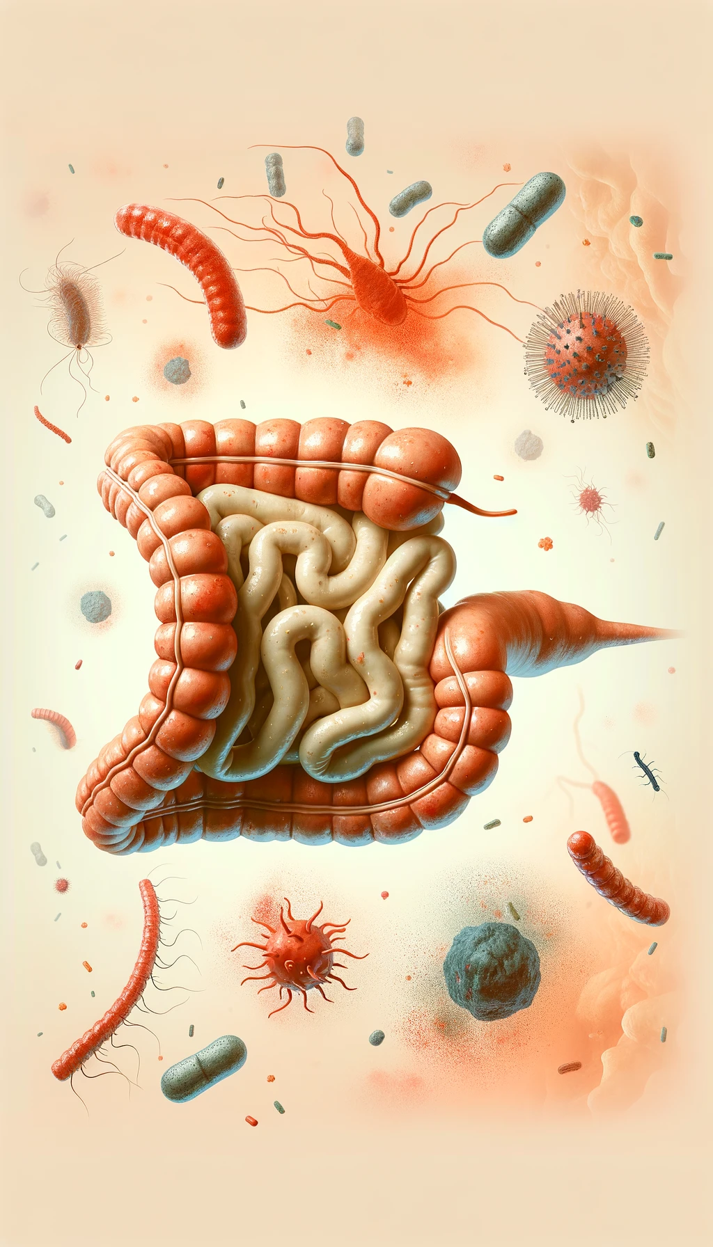intestino umano anatomico con batteri e parassiti che gli fluttuano dietro, sfondo beige chiaro emoji