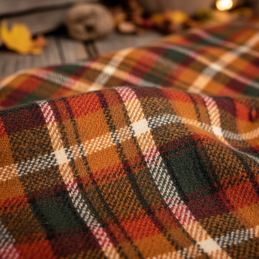 cozy autumn plaid pattern, flannel fabric texture, brown orange red, rustic fall background, soft textile look emoji