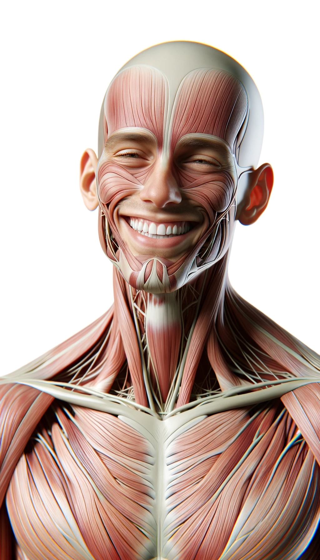corpo umano anatomico a figura intera che sorride rilassato, iperrealistico 4k, isolato su sfondo bianco emoji