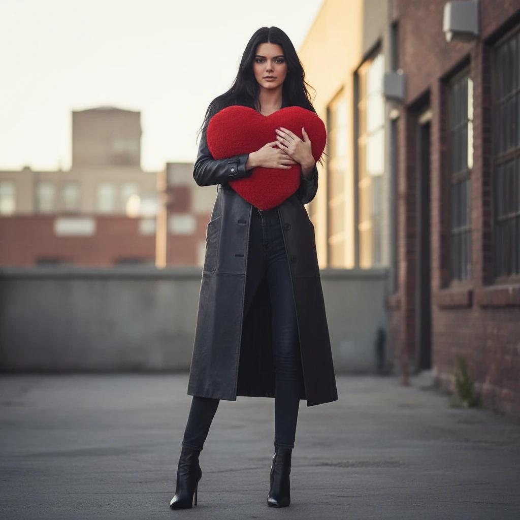A full-length photo of a Kendall Jenner with long black hair holding a red heart emoji