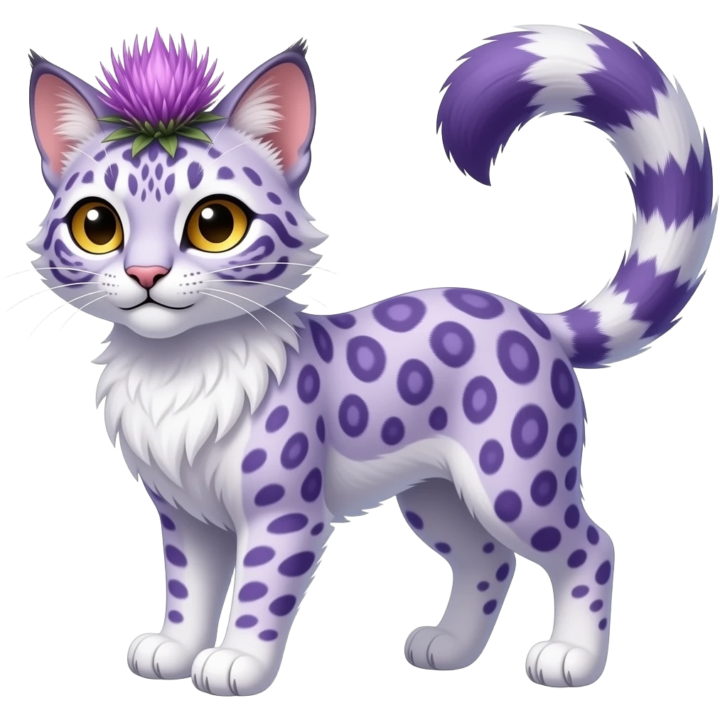 cute beautiful elegant lanky feathery, thistle-purple, whitish, fantasy-caracal-civet-snow-leopard-bobcat-genet-animal-Fakémon-hybrid, long thin tufted tail, golden eyes emoji