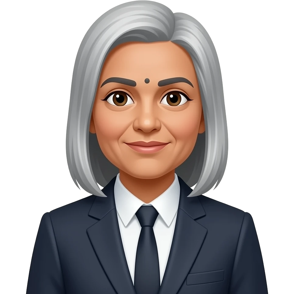Indian female 60 years old with straight grey hair using suit. remove  dot on forehead emoji