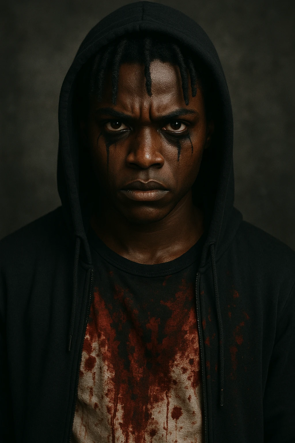 A brown dark-skinned character with short dreadlocks, black mascara streaks under brown eyes, dressed in a black hoodie, blood visible on the shirt. emoji