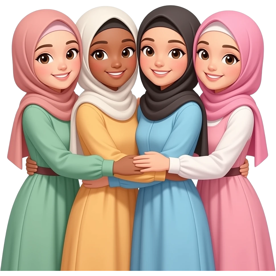4 hijab girl besties hug in dress emoji