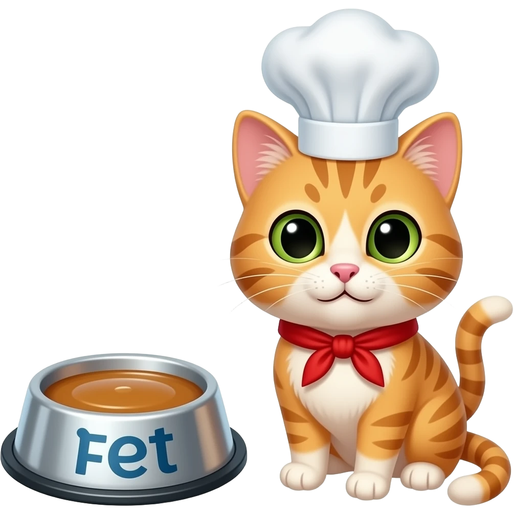 face of a cat chef next to a pet bowl with gravy emoji