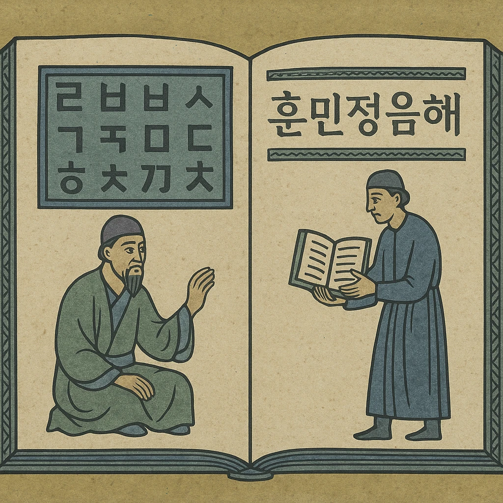 Open classical book style depiction of Hunminjeongeum Haerye manuscript with ancient Korean script and traditional book textures emoji