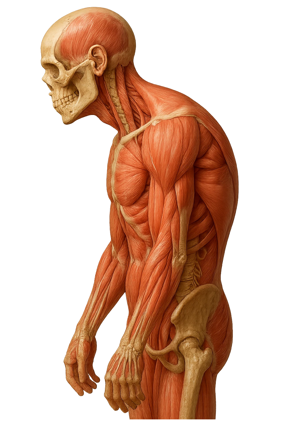 corpo UMANO ANATOMICO di profilo con spalle chiuse in avanti, postura errata, iperrealistico 4k emoji