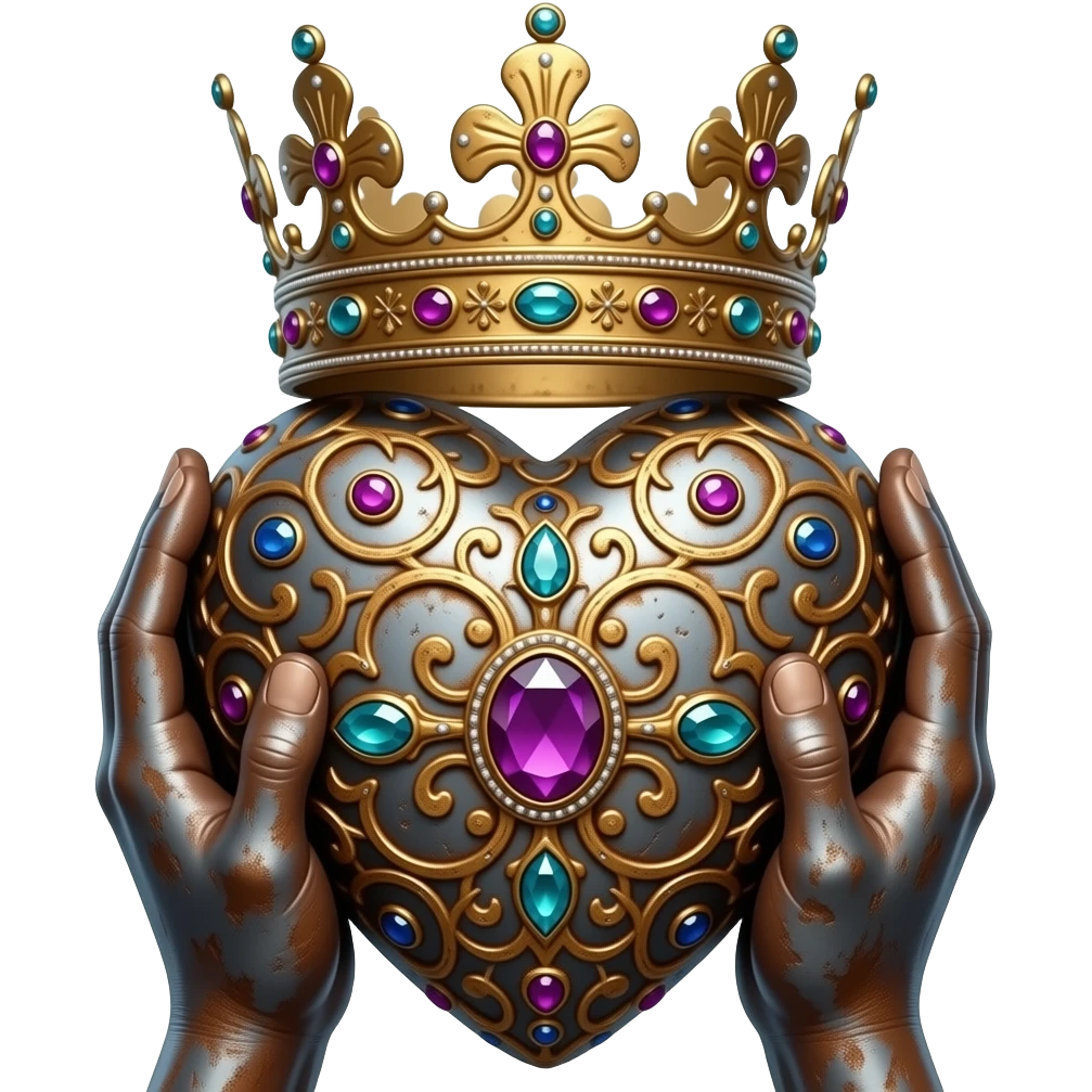 two rusty hands touch with their fingers a rusty heart richly ornamented with arabesques and studded with precious stones with a richly decorated royal crown, dramatic lighting - backlight emoji