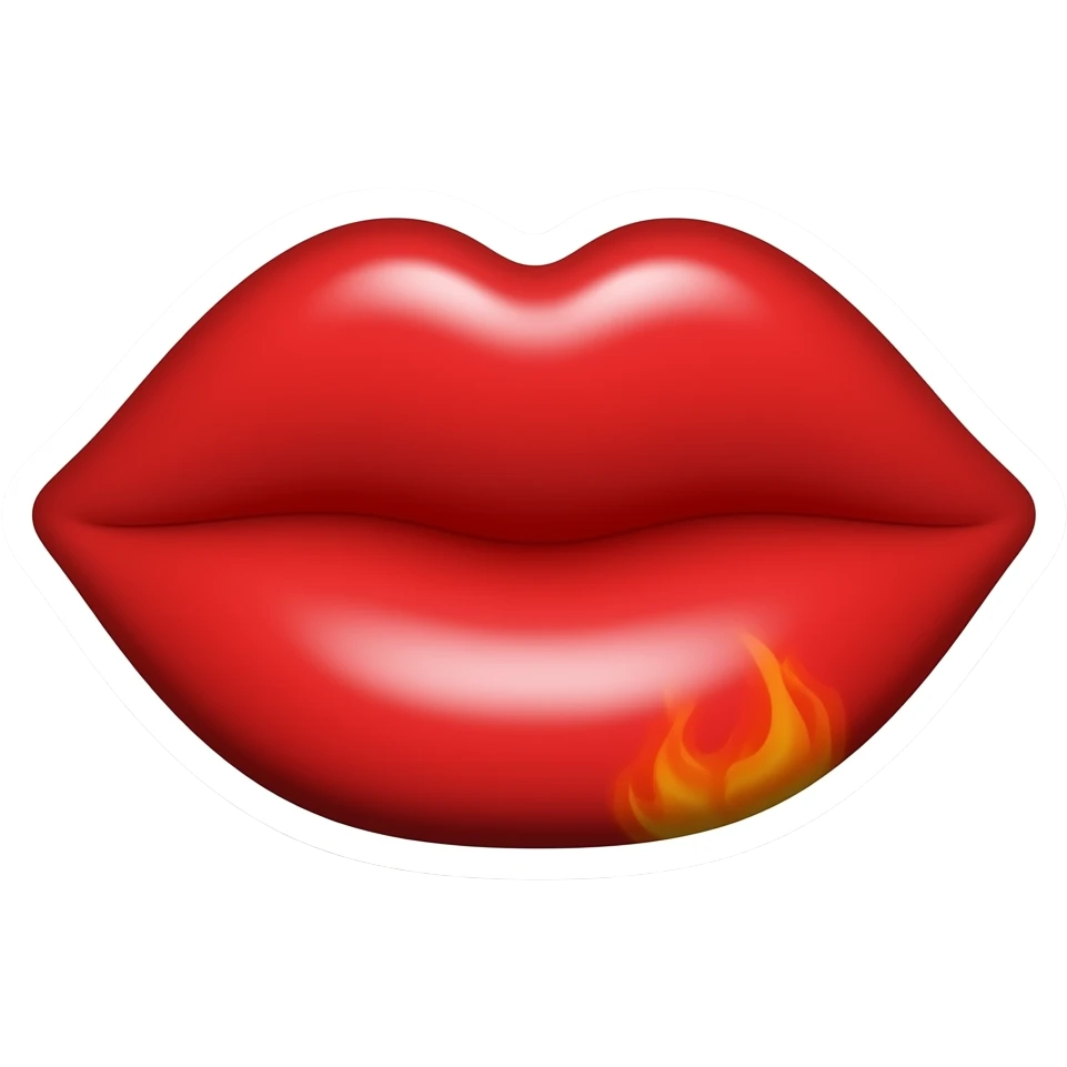 A cute 3D lips emoji sticker with glossy red lips, tiny flames, playful kiss expression, spicy but safe, clean white background, soft shadow, no text, no watermark emoji