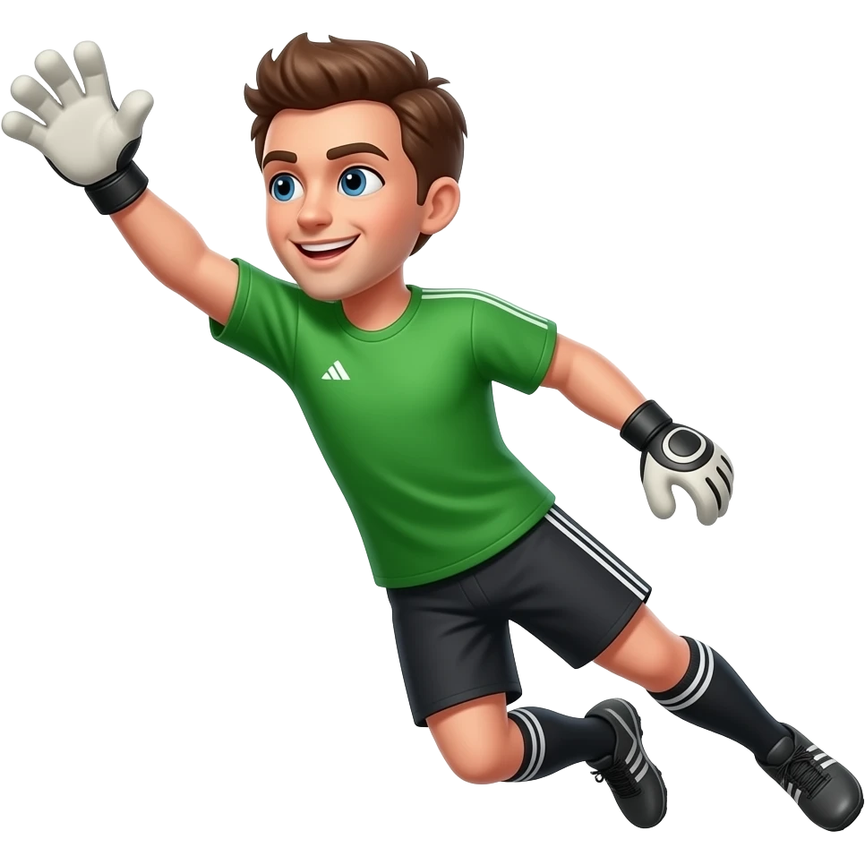 faça umgoleiro de camiseta verde, short conza, olhos azuis, cabelo marron, sorrindo e se jogando para a esquerda, deixando o corpo inclido para a esquerda em um pulo e com a mão para o alto a esquerdanão quero bola na imagem emoji
