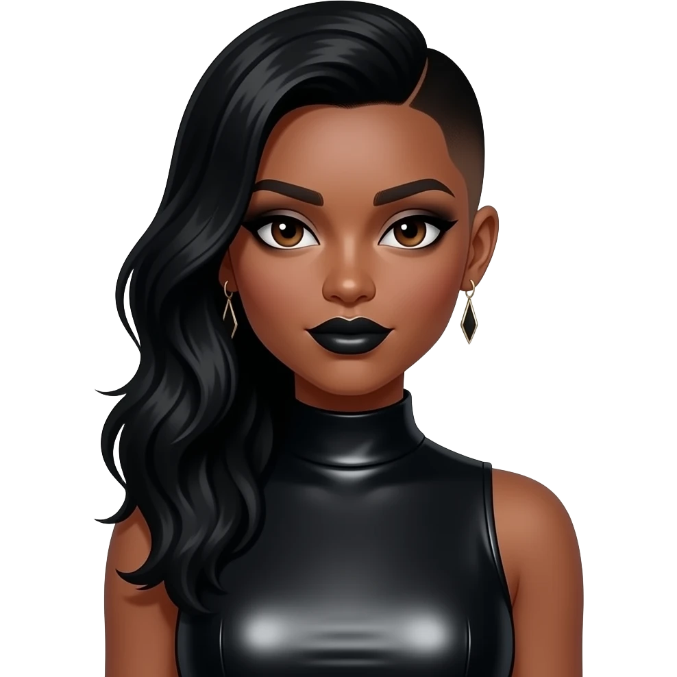 Kaylen from Glamour with medium dark skin, dark brown eyes, black hair, one side long, one buz cut, black eyeshadow, black lipstick, black metallic high neck dress, earrings emoji