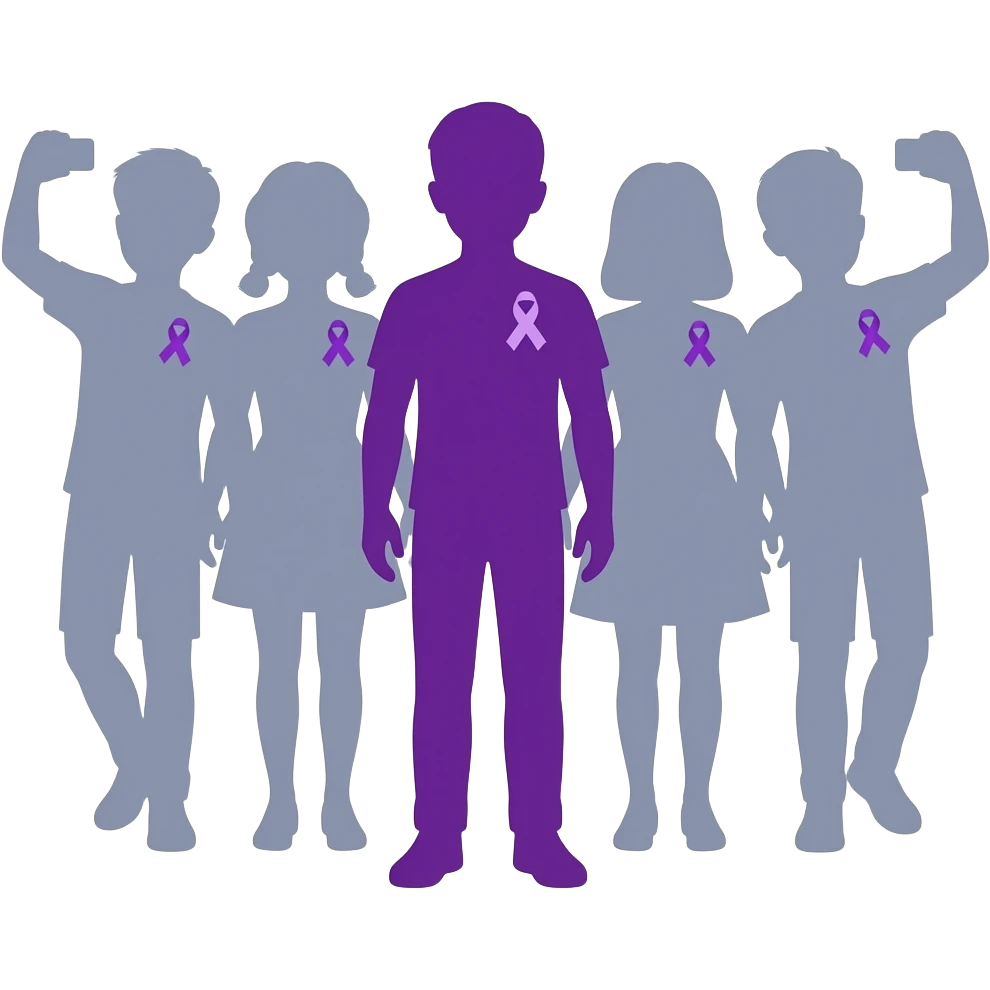 iOS-style emoji: group of human silhouettes (boys and girls) taking a photo, each wearing a small purple ribbon for fibromyalgia awareness, with one silhouette fully purple standing out, soft gradients, cute and minimal, transparent background emoji