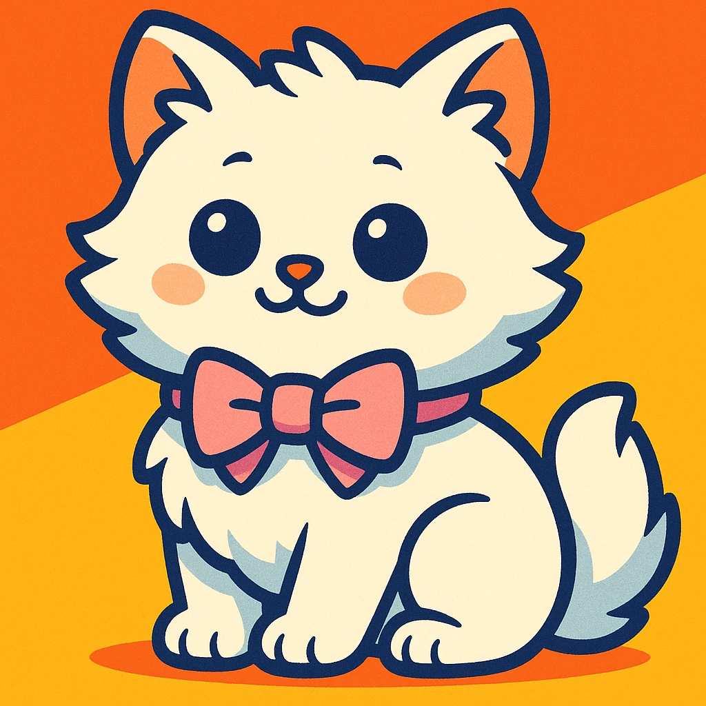 cute fluffy white kitten with a light pink bow, vibrant toon style emoji