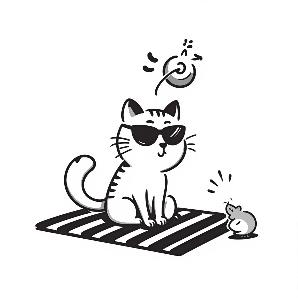 cat in sunglasses eating a mouse, hand drawn doodle style emoji
