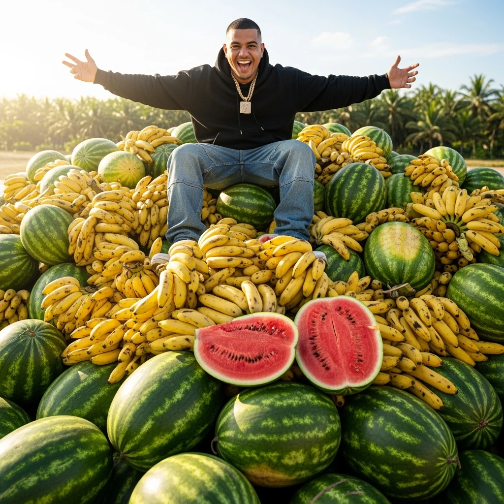 kai cenat on a pile of bananas and watermelons emoji
