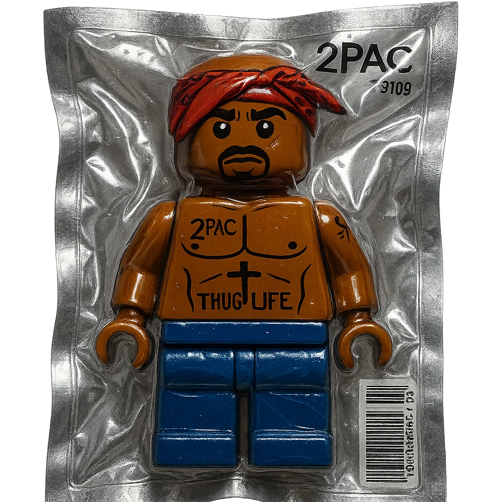 Lego minifigure styled as 2Pac (Tupac Shakur), with bandana, tattoos, and iconic look, glossy and puffy emoji