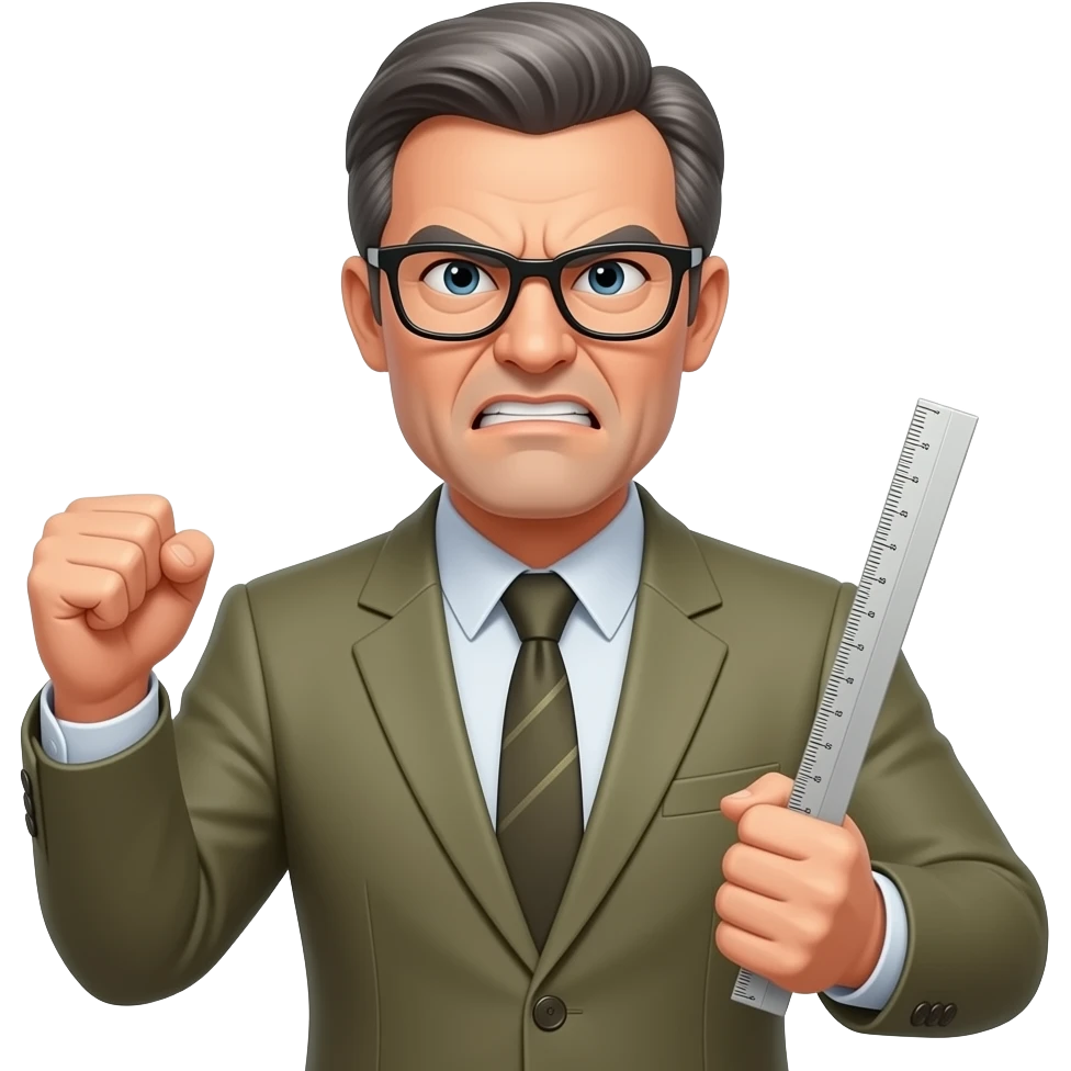 A old teacher man with glasses whering a olive coloured suit he is angry and very strict and he us clutching his fist while holding a ruler emoji