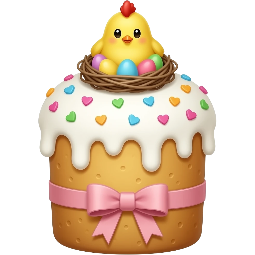 Панеттоне  золотистого цвета, высокий, с белой глазурью с разноцветной  посыпкой в форме сердечек,  с ленточкой вокруг светло розового цвета и украшением сверху в виде гнездышка с очень мелкими  яичками пастельных, желтым пушистым птенчиком с красным гребешком emoji