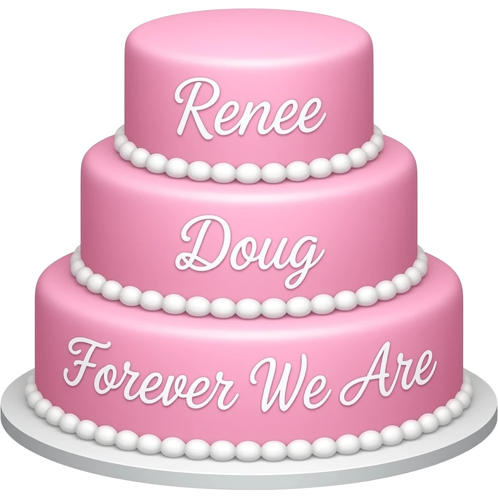 wedding cake pink and white with the name Renee on top tier, Doug on second tier and Forever We Are on bottom tier emoji