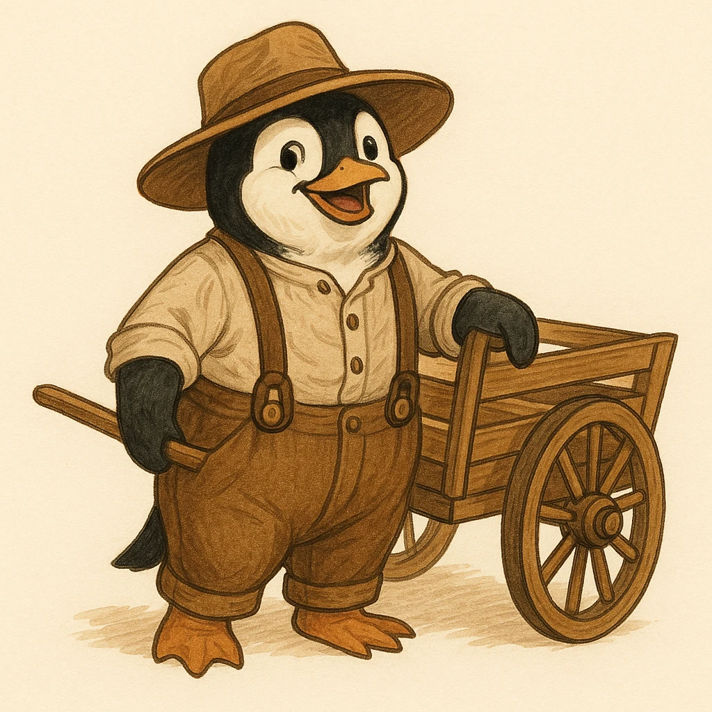 a cheerful and determined penguin in pioneer clothing, including a wide-brimmed hat and suspenders, standing next to a wooden handcart, minimal background emoji