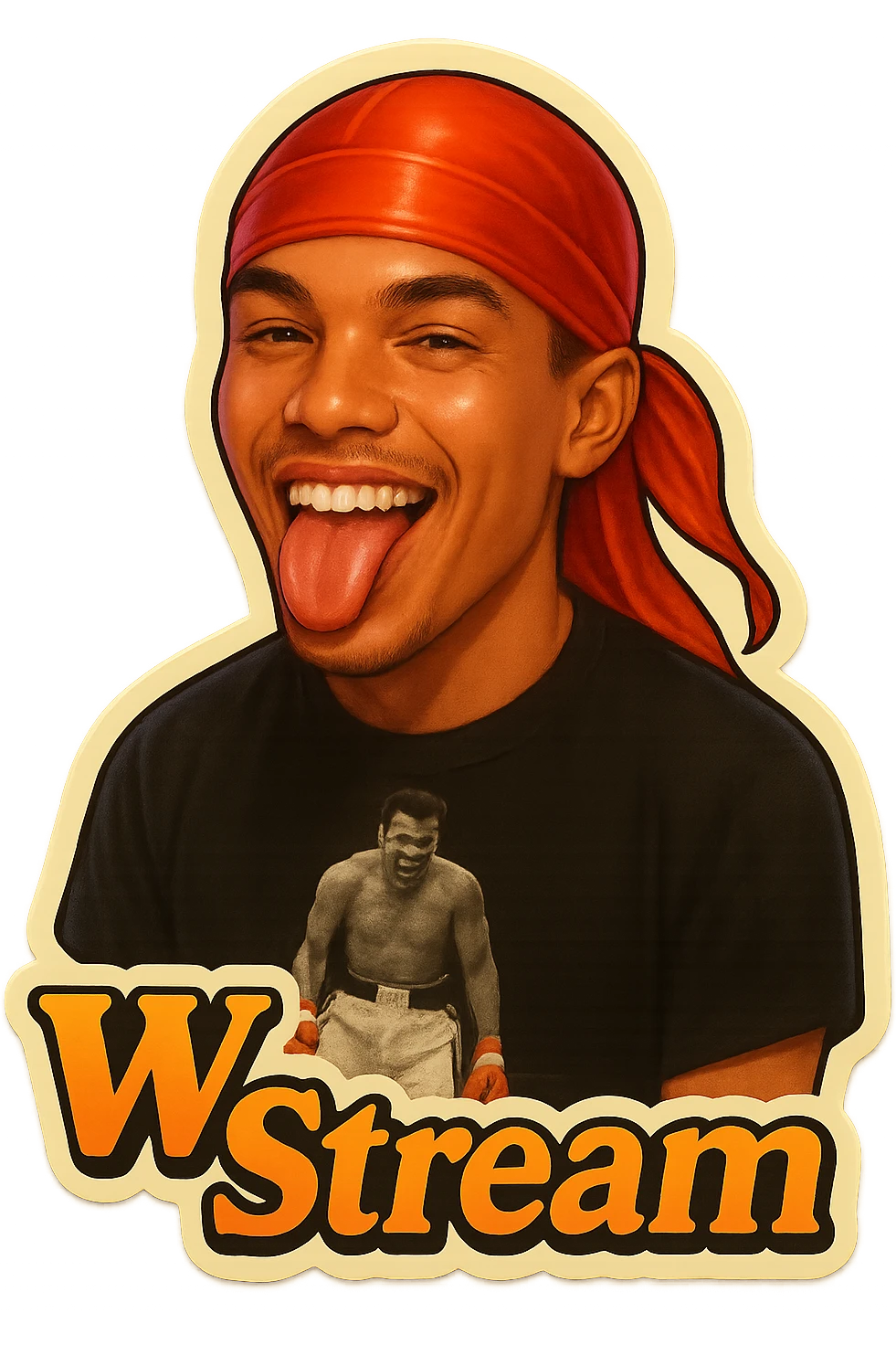Make him Smiling with tongue sticking 
Change His durag To Red
Add the words W Stream emoji