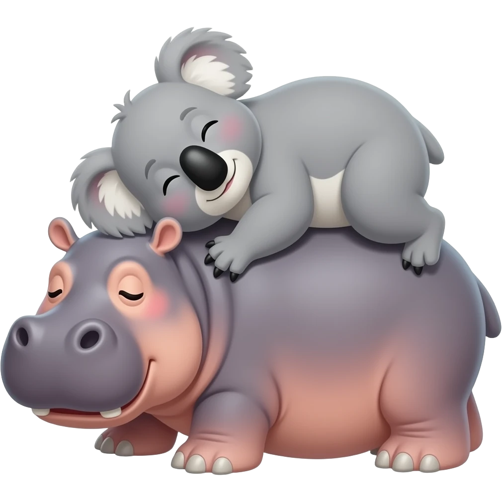 koala laying on back. Hippo kiss koala. Koala on bottom   Hippo laying on top of it. Hippo on stomach on top. Koala legs wrapped around hippo. Best friends snuggling.  Koala legs fully wrapped all around entire hippo closely. Hippo legs touching ground. emoji