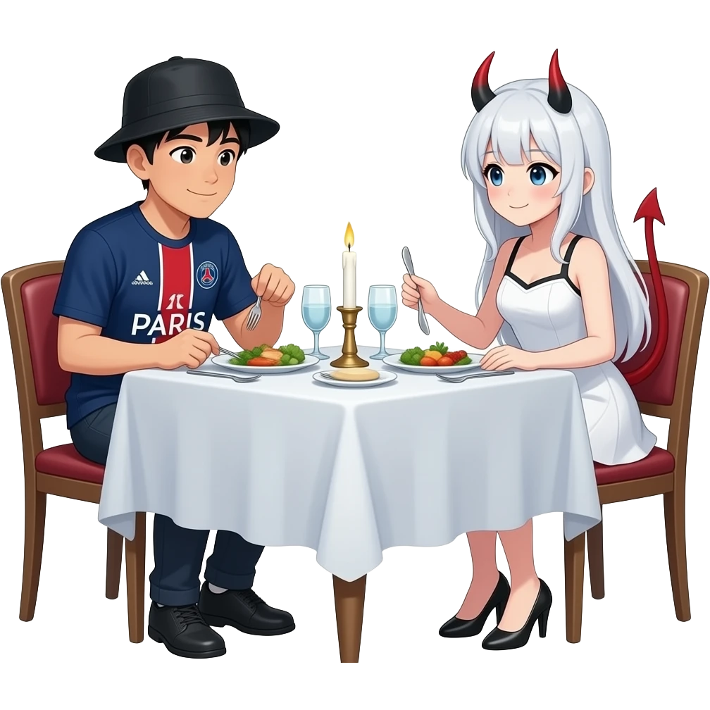 romantic date at a dinner table. The guy is asian an wears a black fishing hat and a dark blue soccer tricot from PSG. The girl is dressed as an anime girl with a white wig, white dress and black-red horns emoji