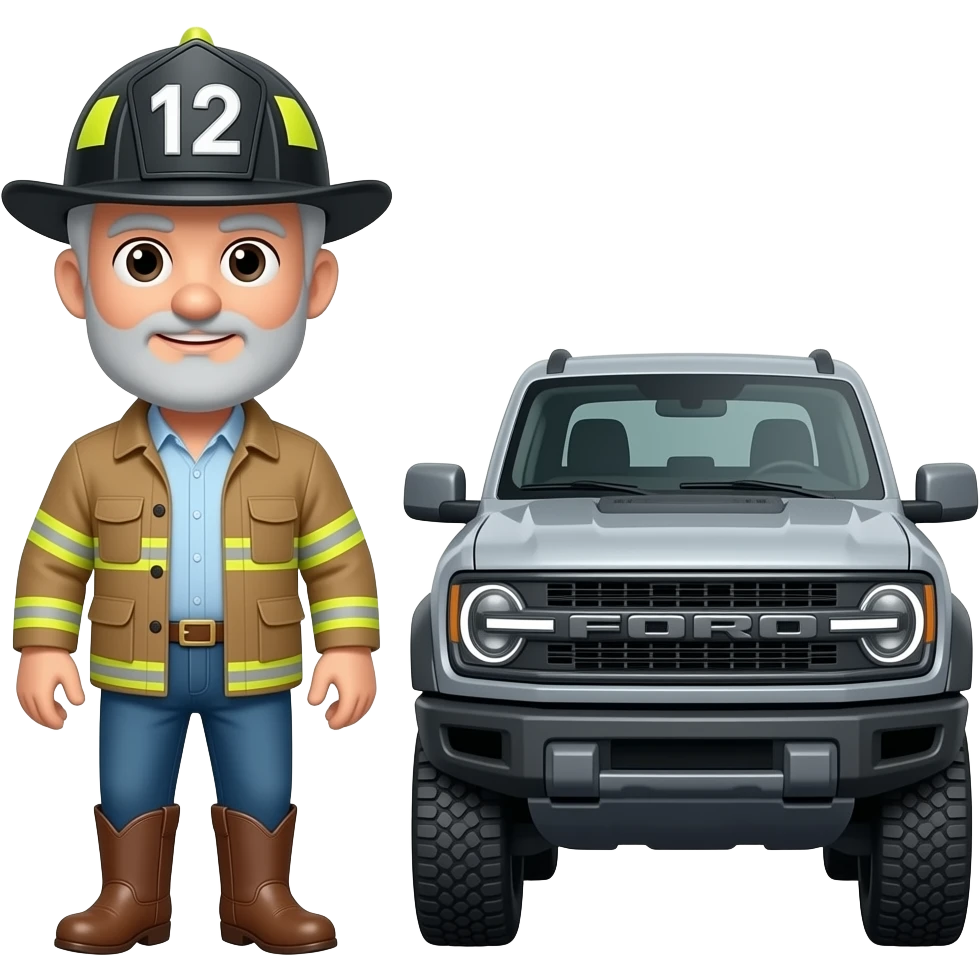 Ford bronco Cartoon emoji-style grey haired man in jeans, cowboy boots, and a firefighter helmet with 12 on the front standing next to marsh gray colored 2025 ford bronco emoji