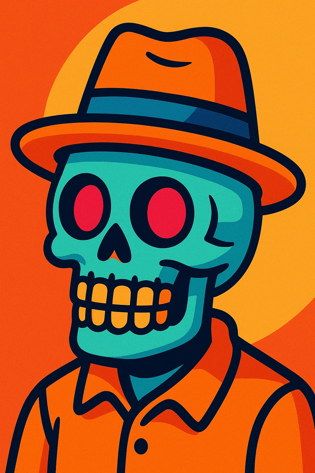 skull face wearing a hat, vibrant cartoon style emoji