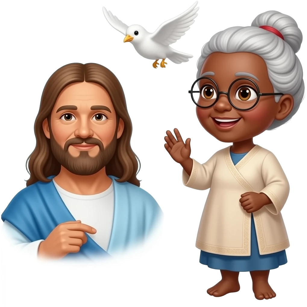 Vovó negra com óculos cabelo amarrado virando pássaro Branco voando pró céu com jesus emoji