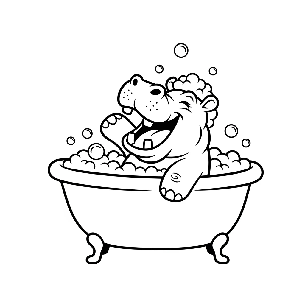vector art with outline of happy hippo with bubbles in bathtub emoji