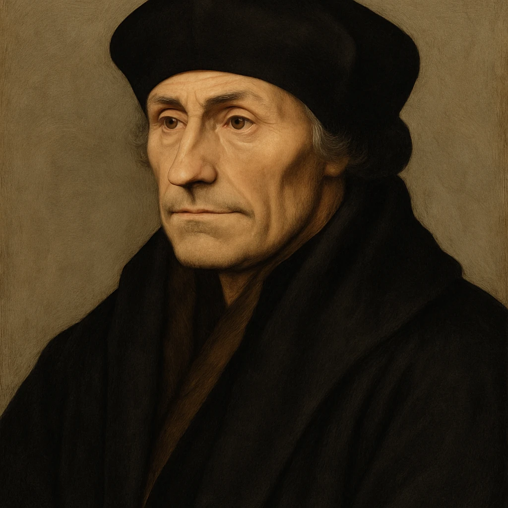 classic portrait of Erasmo de Rotterdam, serious face, wearing a dark cap and dark robe, neutral background emoji