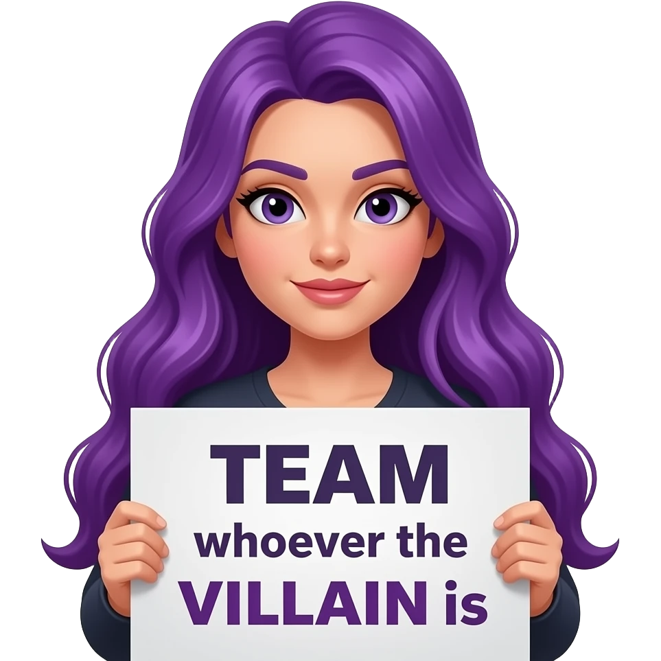 sexy girl with long purple hair holding a TEAM whoever the VILLAIN is sign emoji
