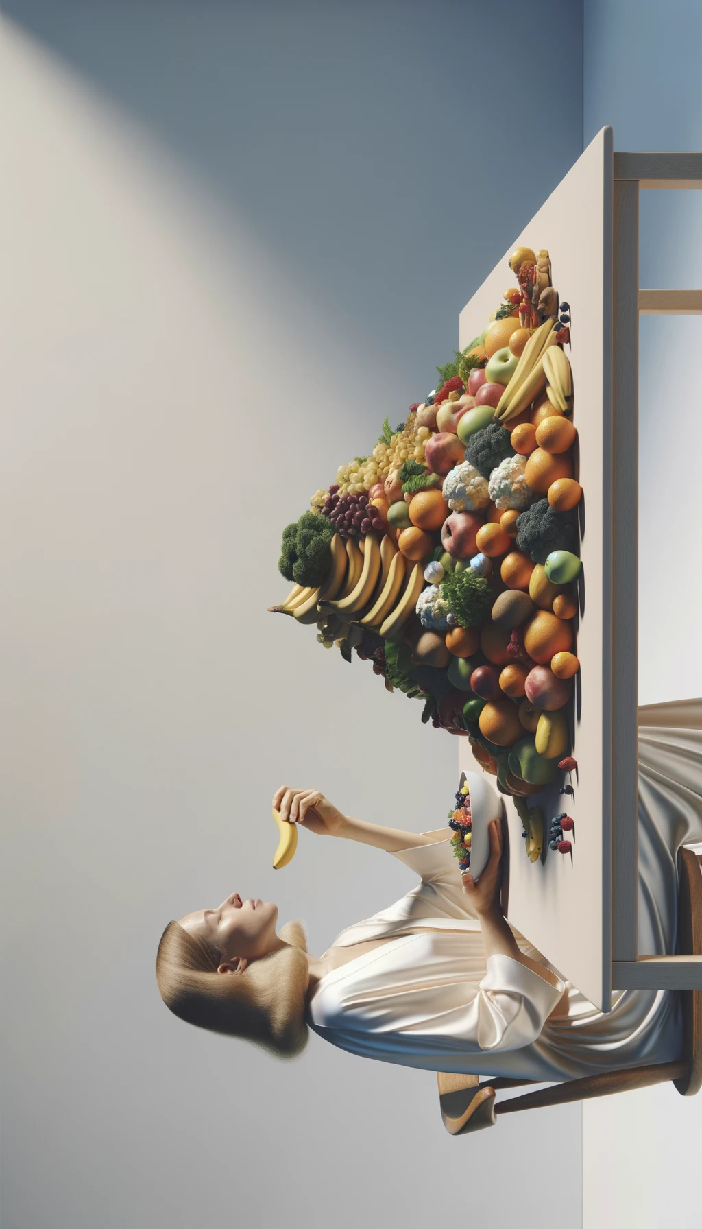 donna che mangia una montagna di frutta e verdura, SFONDO molto CHIARO NEUTRO, colori realistici, iperrealistico 4k emoji