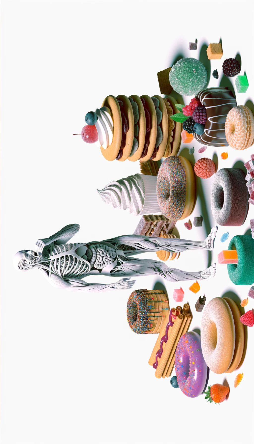 corpo umano anatomico in piedi a figura intera che si abbuffa di dolci e zuccheri, iperrealistico 4k, isolato su sfondo bianco emoji