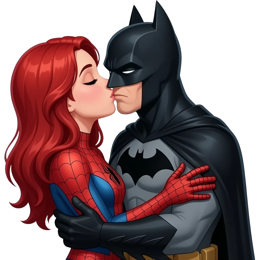 Spiderman kissing red hair girl  creepy, batman drulling and hugging both emoji