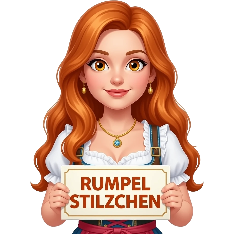 sexy girl with overlong ginger hair and ginger eyes wearing a dirndl holding RUMPEL STILZCHEN sign emoji