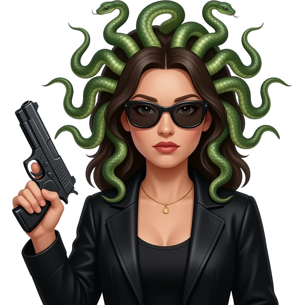 Sad beautiful female Medusa in black coat with sunglasses holding gun emoji