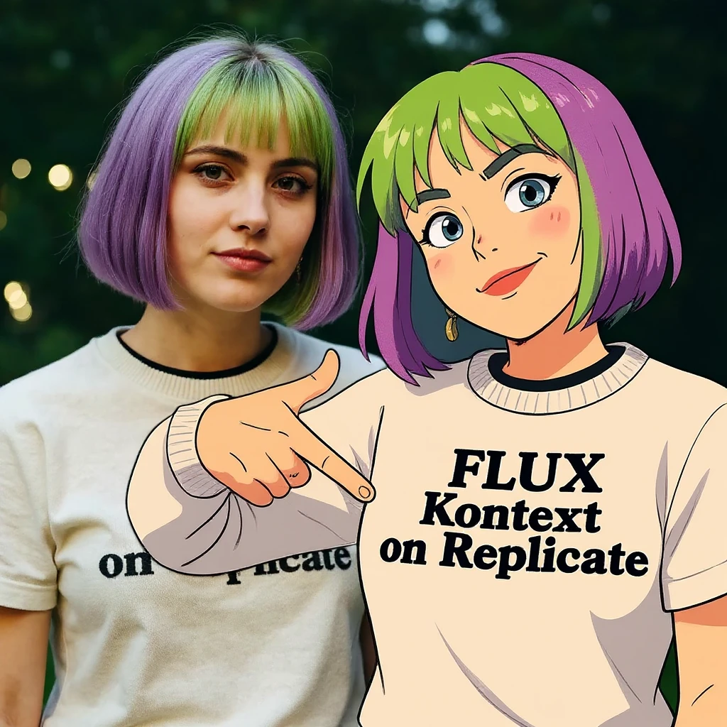 make a image of a girl with a anime version of that girl beside her wearing tshirt with text of "FLUX Kontext" emoji