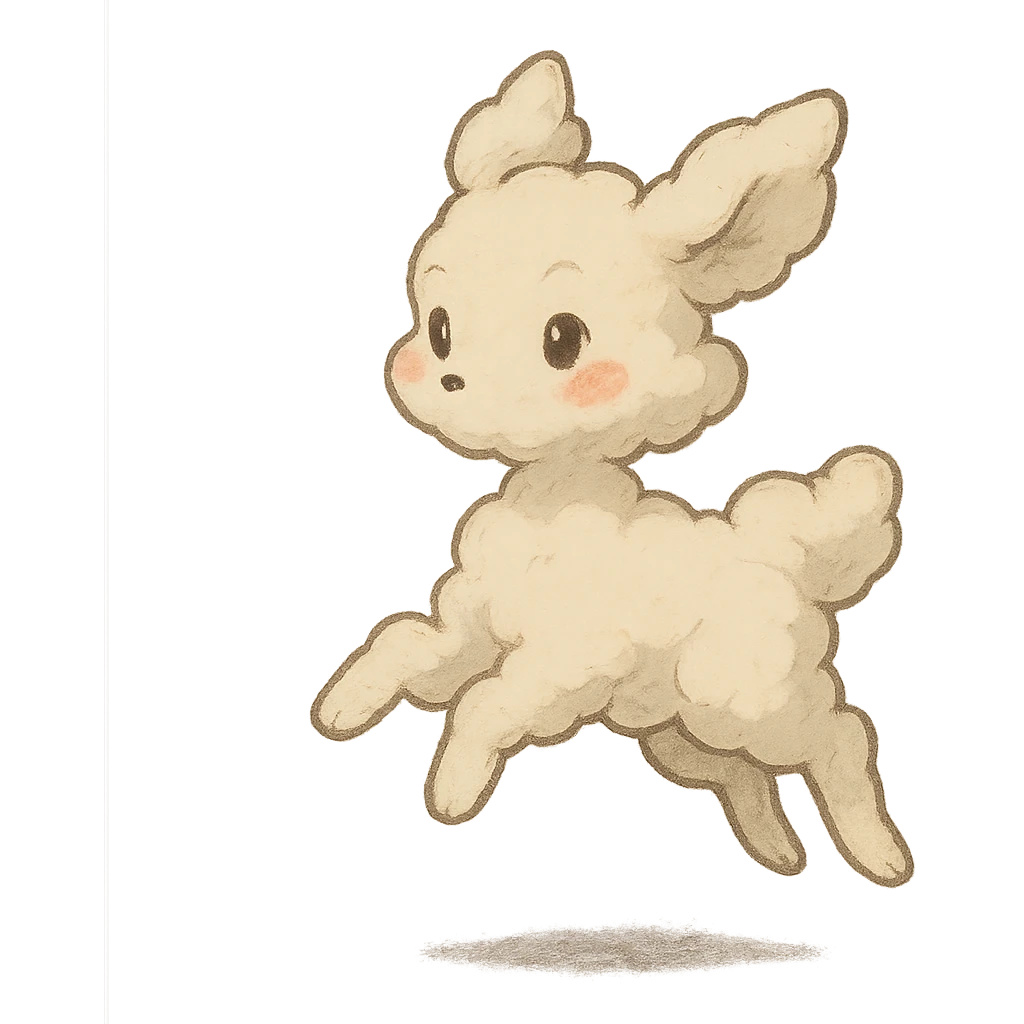vanilla-colored cloud doe with rosy cheeks, floating with witch-like grace, social media brand identity mascot, Ghibli style emoji