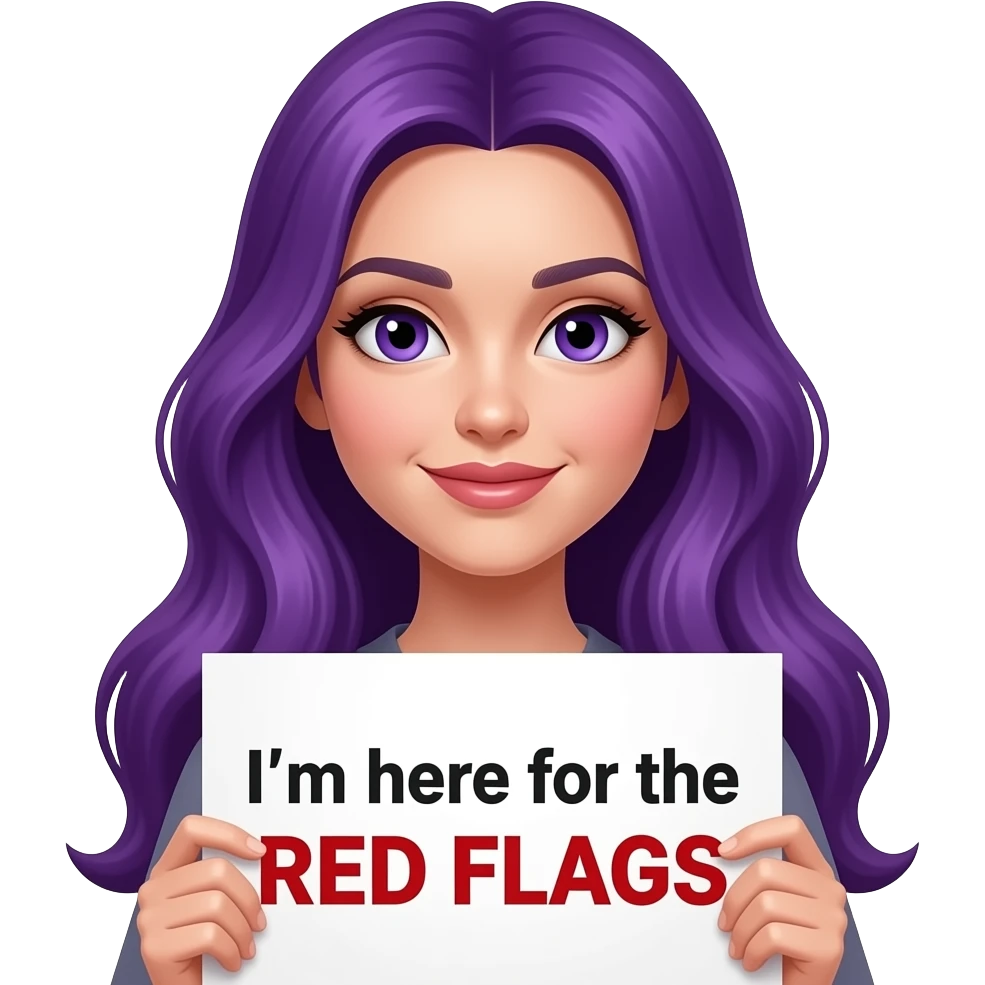 sexy girl with long purple hair and purple eyes holding a I 'm here for the RED FLAGS sign emoji
