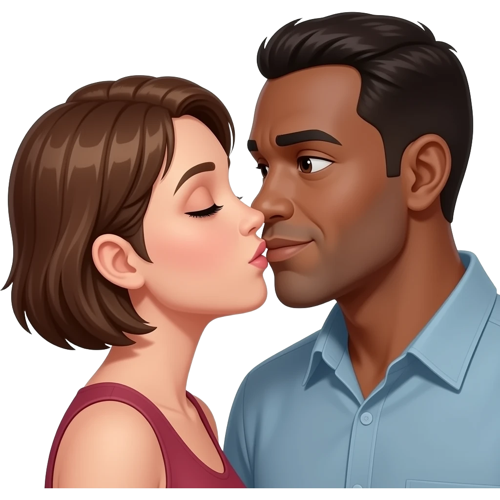 Short Caucasian woman with short dirty brond hair and a taller bald brown man kissing eachother emoji