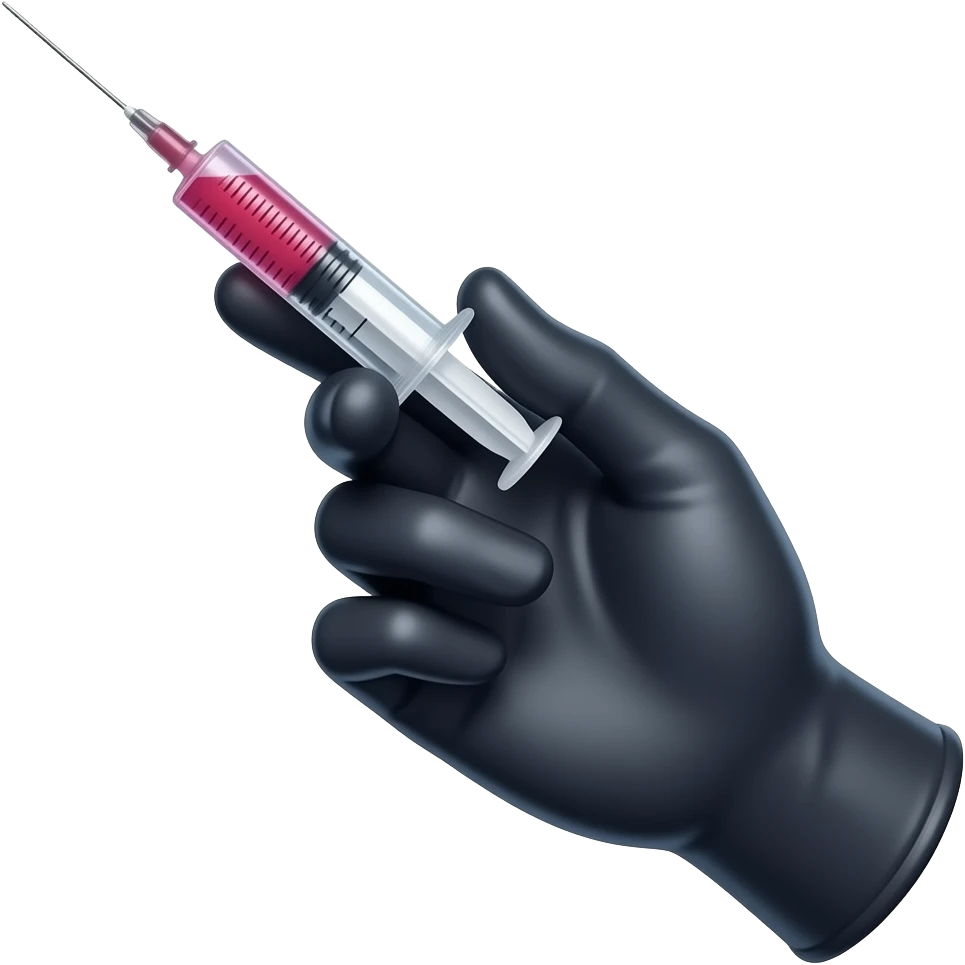 A gloved dainty male hand holding a syringe with glowing neon-red liquid inside. The glove is black but is dark-blue on the palm Side emoji
