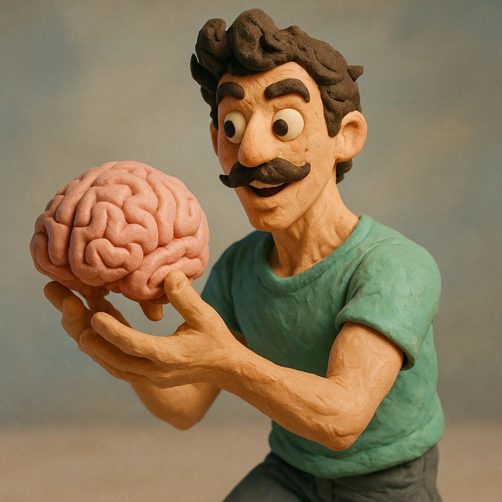 Enhance the claymation man holding a brain by adding more depth and dimension to the image. Make him more attractive and quirky, inspired by the first version, with dark curly hair, thick mustache, light skin, freckles, more movement, claymation style, visible fingerprints, and pastel colors. emoji