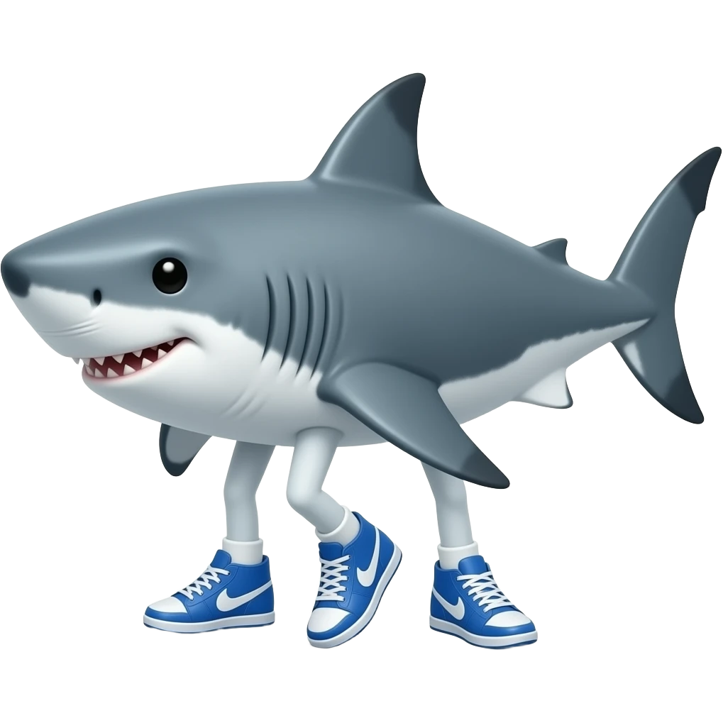 A shark with its fins as blue trainers. It should have 3 legs, 2 at the front and 1 at the back and attached ti the bottom of eaxh leg should be a blue trainer emoji