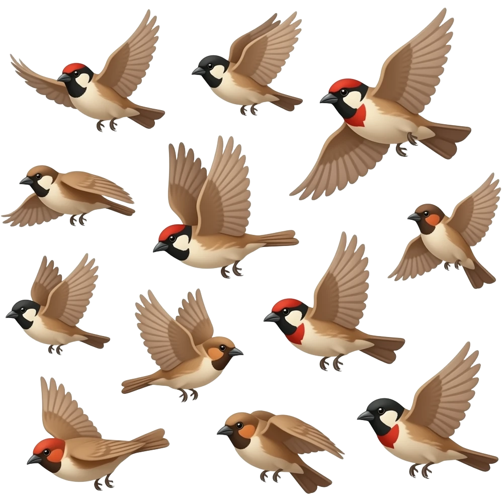 A 3d render iPhone emoji icon of a detailed Brown and red color 3D Render iPhone emojis of a flock of brown and red color songbirds flying in the air emoji