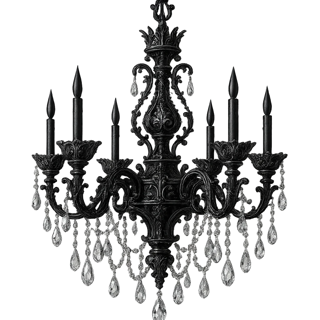gothic chandelier with crystals, black and silver, ornate and dramatic, no background emoji
