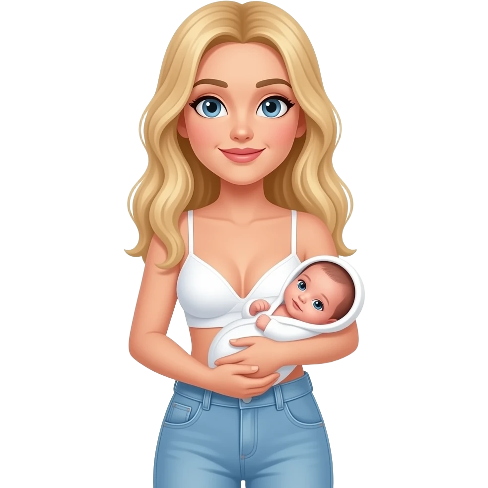 Woman with long blonde hair, and light blue eyes, wearing white bra and light blue baggy jeans, holding newborn girl emoji